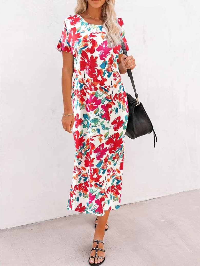 Naggoo Women's Short Sleeve Split Maxi Dress Casual Plain Tie Dye Print Tshirt Long Dresses with Pockets