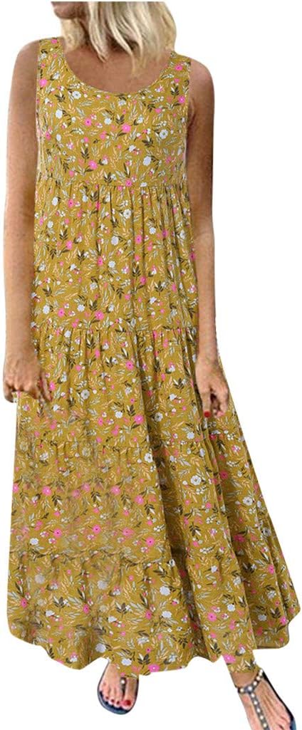 Ceboyel Women Boho Floral Maxi Dresses Flowy Tank Dress Sleeveless Smocked Sundresses Trendy Casual Beach Long Sun Dress