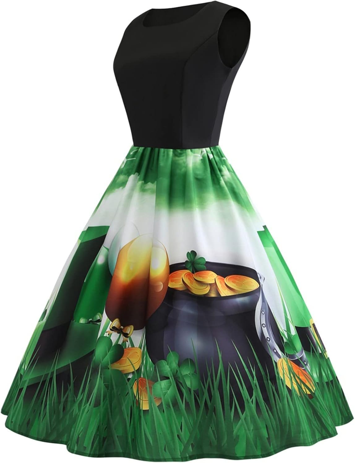 aihihe St Patricks Day Dress for Women A Line Pleated Hepburn Dress Lukcy Shamrock Print Irish Dress 2024 Vintage Dress