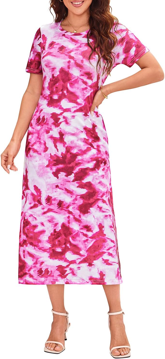 Naggoo Women's Short Sleeve Split Maxi Dress Casual Plain Tie Dye Print Tshirt Long Dresses with Pockets