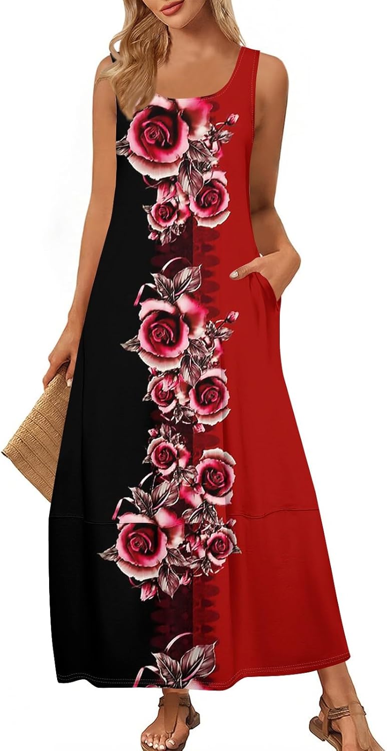 Womens Summer Tank Dress Vacation Boho Floral Long Dresses with Pockets Resort Wear Swing Beach Sleeveless Sundress