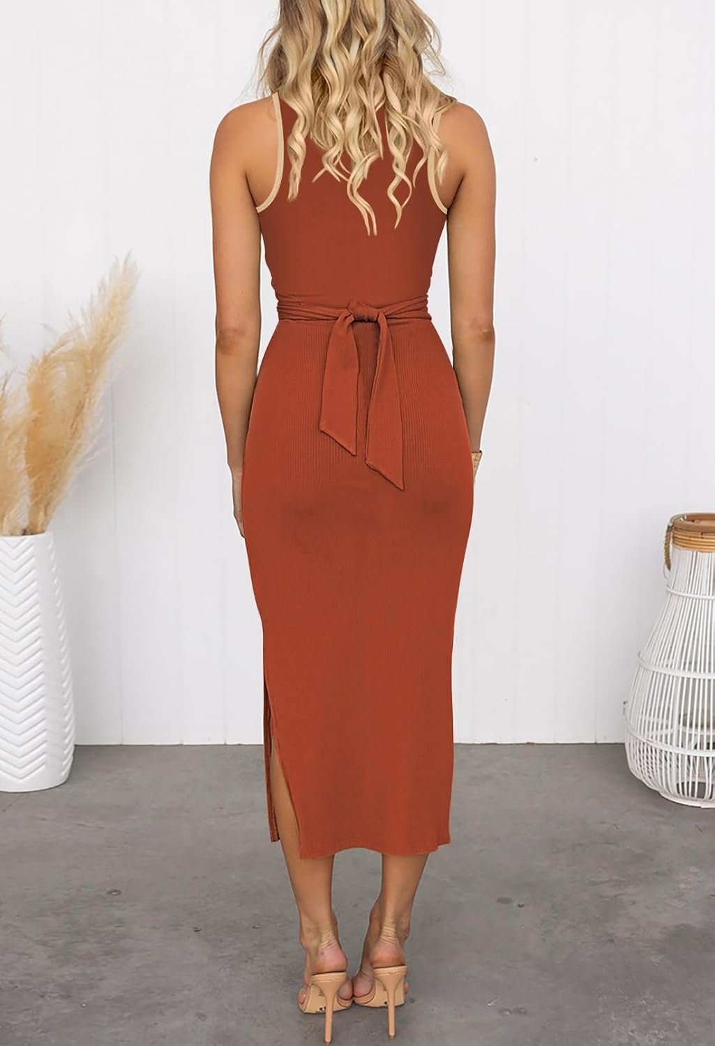 HUUSA Women's Sexy Sleeveless Cut Out Slim Bodycon Dress Crewneck Crisscross Twist Ruched Slit Ribbed Knit Tank Midi Dress