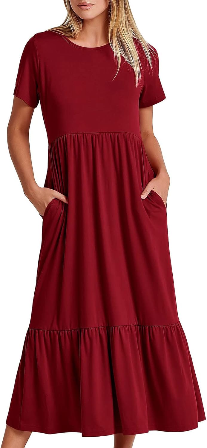 XUNRYAN Summer Dresses for Women 2024 Casual Calf Length Maxi Dress Pleated Flowy Tiered Swing Beach Sundress with Pockets