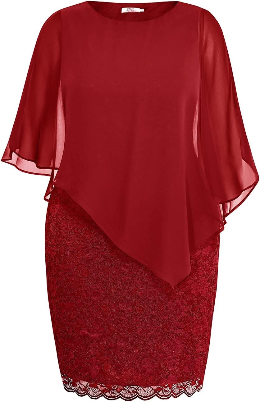 Plus Size Dresses Wedding Guest - Mother Bride Semi Formal Lace Cape with Chiffon Overlay Dresses