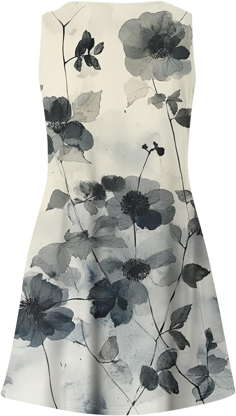 Women's Sleeveless Floral Print Summer Dress Casual V-Neck A-Line Mini Dress for Beach Party and Daily Wear