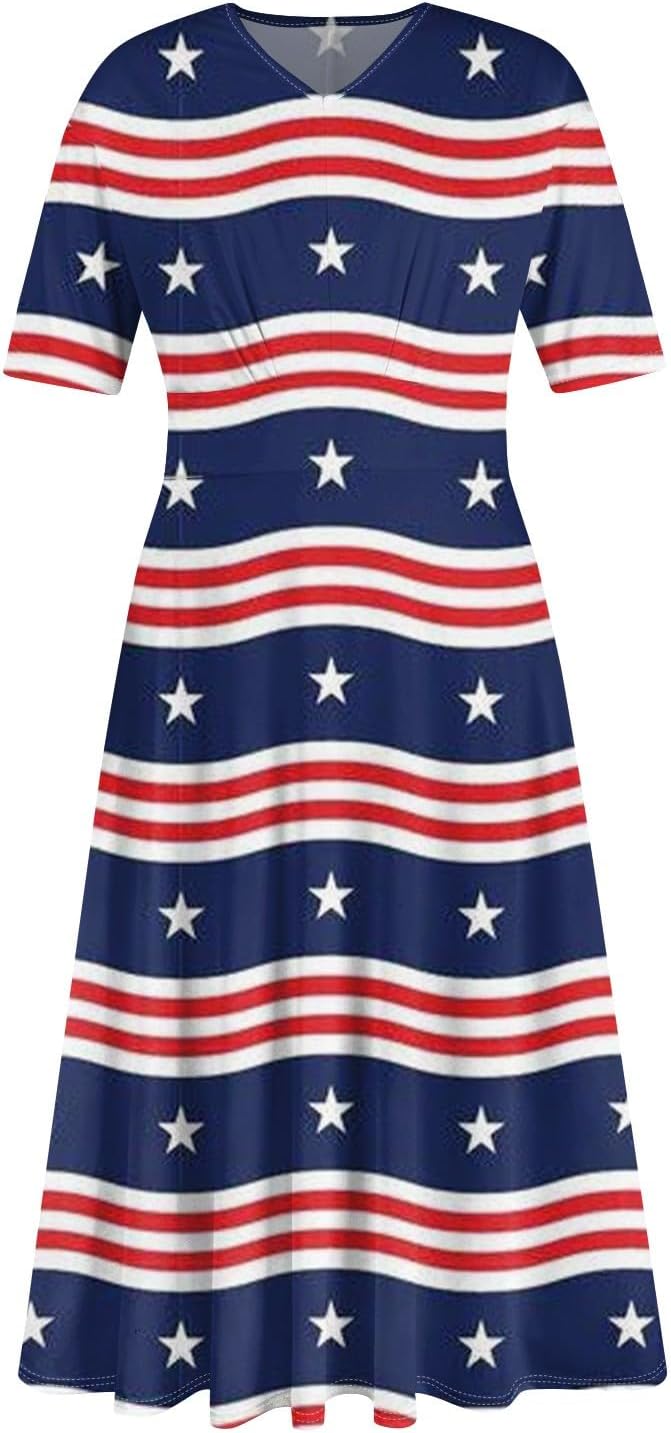 Women's Patriotic Star Print Midi Short Sleeve V-Neck Casual A-Line Dress for Summer Parties & Events