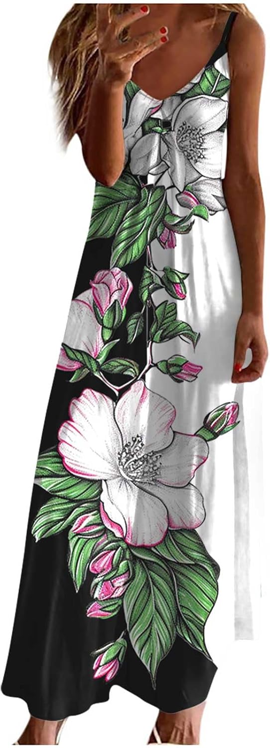 Womens Floral Maxi Dresses Spaghetti Strap Casual Summer Long Dress Vneck Flowy Boho Beach Sundress Vacation Outfits