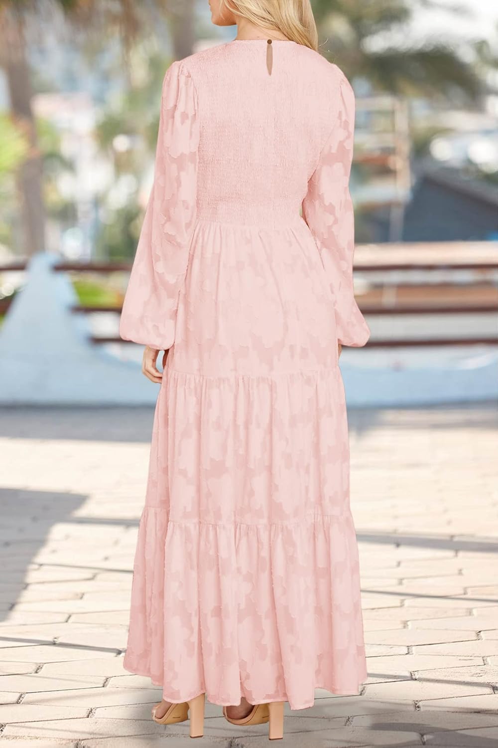 MITILLY Women's Elegant Floral Long Sleeve Round Neck Smocked A-Line Flowy Tiered Maxi Dress with Pockets