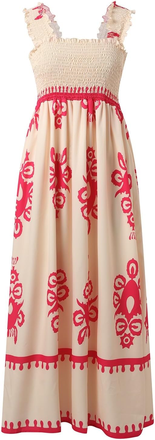 Women's Summer Dresses Sleeveless Casual Boho Maxi Long Dress Square Neck Smocked Floral Beach Vacation Sundresses 3