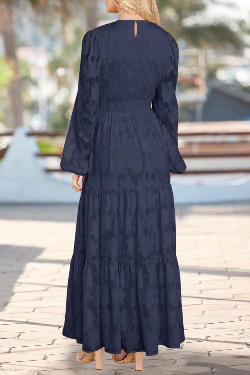 MITILLY Women's Elegant Floral Long Sleeve Round Neck Smocked A-Line Flowy Tiered Maxi Dress with Pockets
