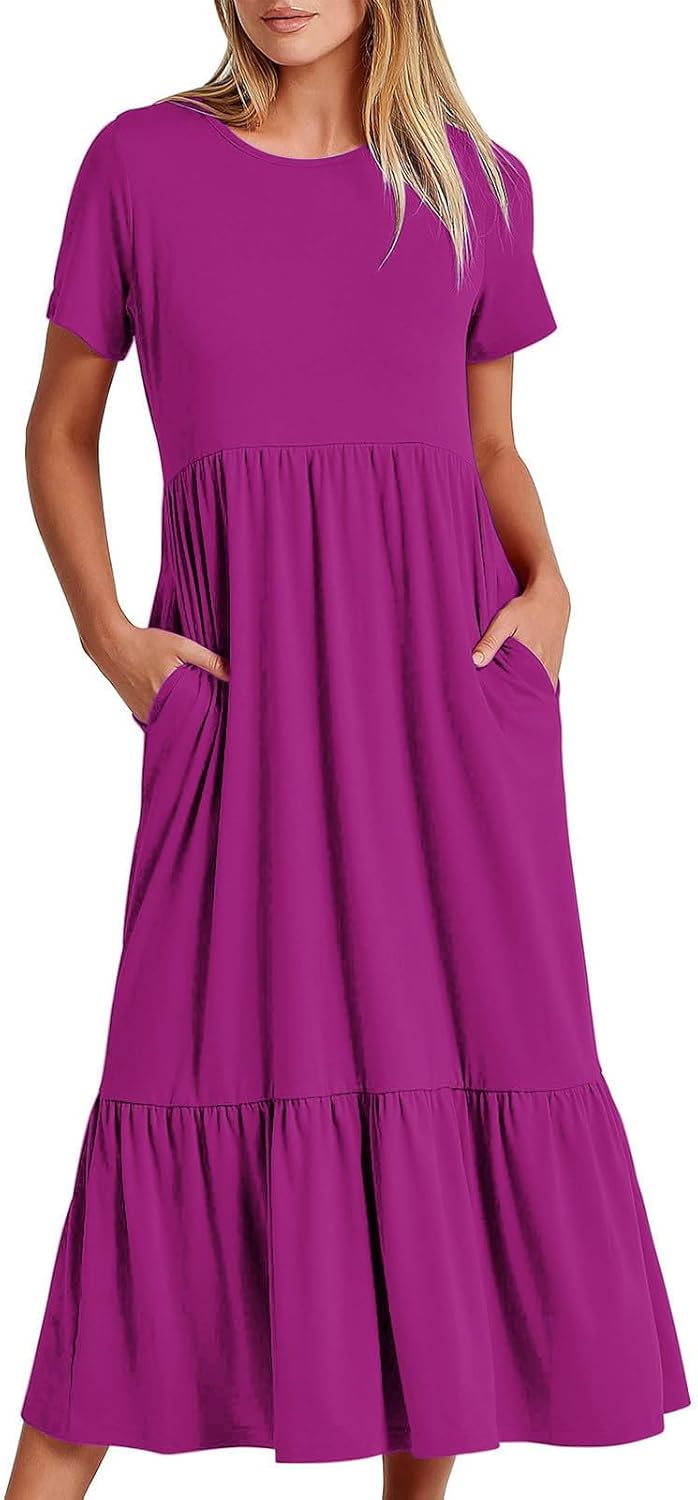 XUNRYAN Summer Dresses for Women 2024 Casual Calf Length Maxi Dress Pleated Flowy Tiered Swing Beach Sundress with Pockets