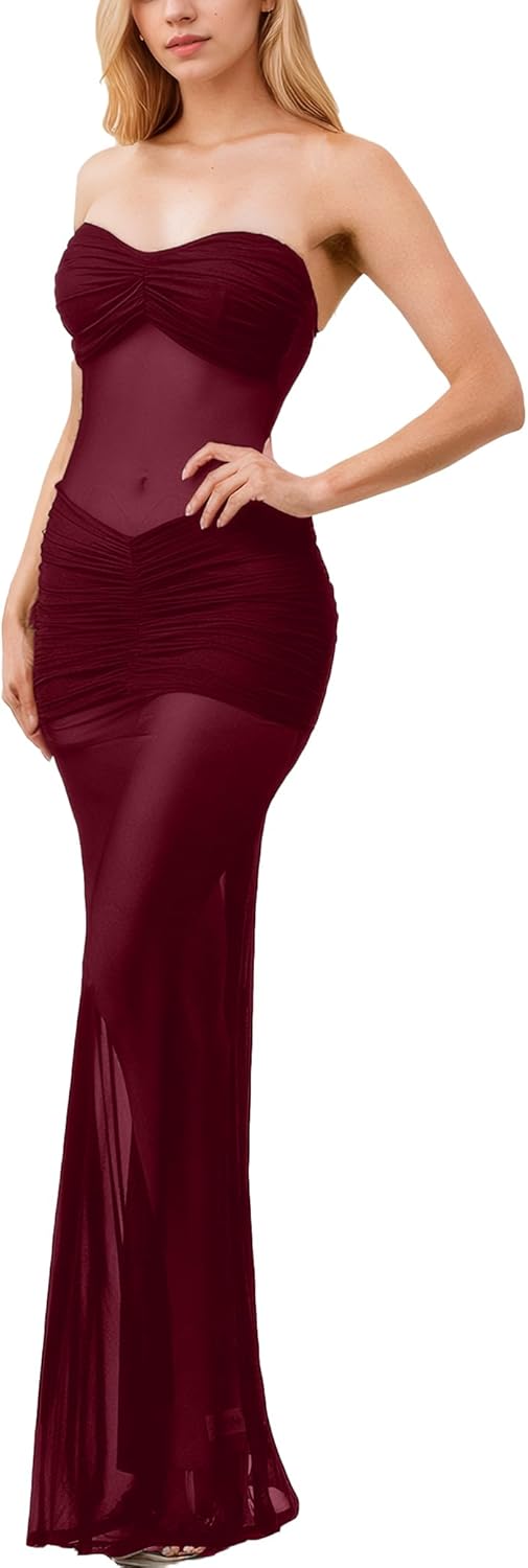 Women’s See Through Mesh Maxi Dress Sweatheart Neck Patchwork Slim Fit Night Out Seaside Long Dresses