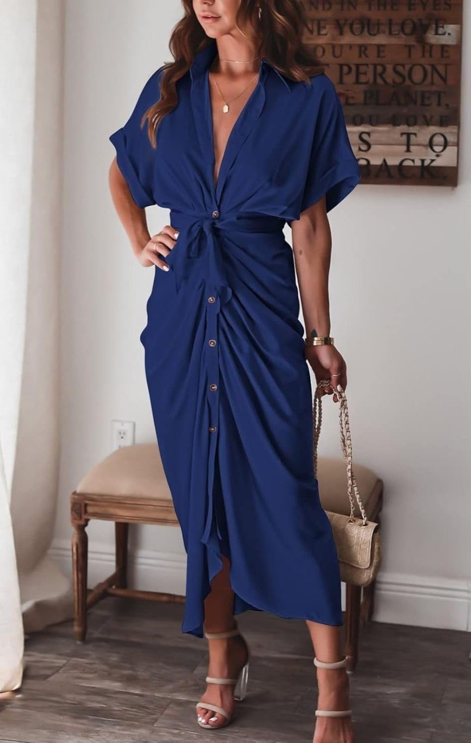 Women's Swing Classic Cute Maxi Ruched Breathable Shirt Dresses Bownot Slim Fitted Dress