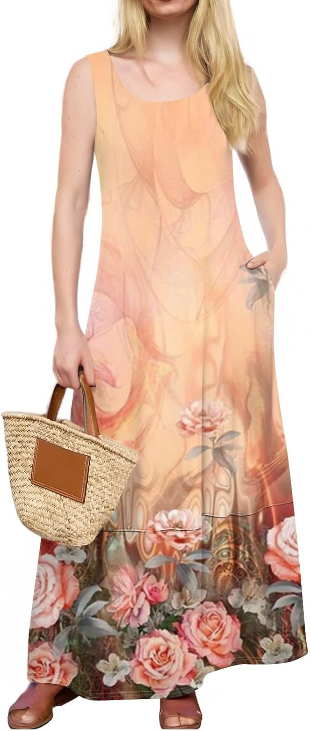 Womens Summer Tank Dress Vacation Boho Floral Long Dresses with Pockets Resort Wear Swing Beach Sleeveless Sundress