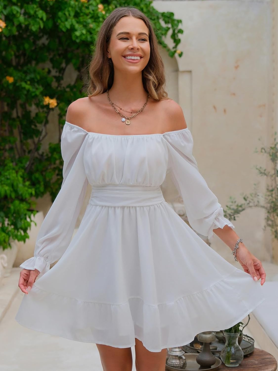 EXLURA Women's 2025 Casual Long Lantern Sleeve Dresses Square Neck Ruffle Tie Back Elastic Waist Aline Short Mini Dress