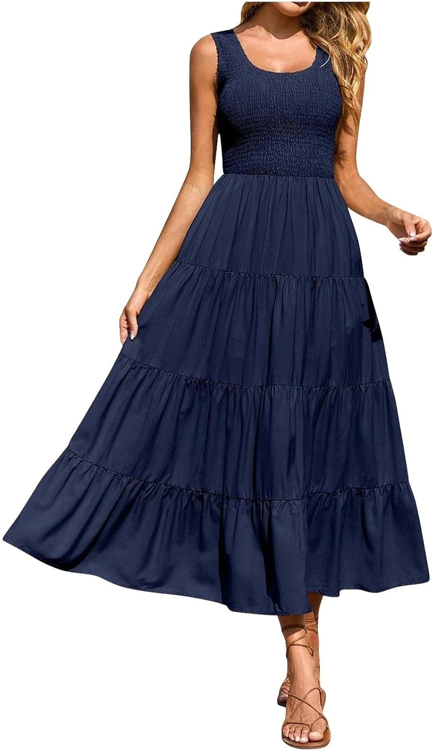 Women Summer Sleeveless Dressees Boho Maxi Dress Casual Smocked Square Neck Sundress a Line Beach Wedding Dresses