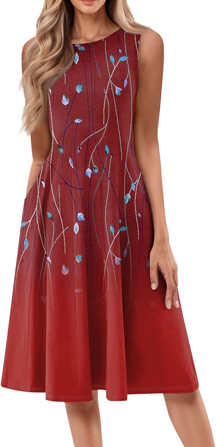 Womens Tank Sundress 2025 Casual Floral Print Tshirt Dress Swing Sleeveless Midi Dress Crewneck Pleated Summer Dresses