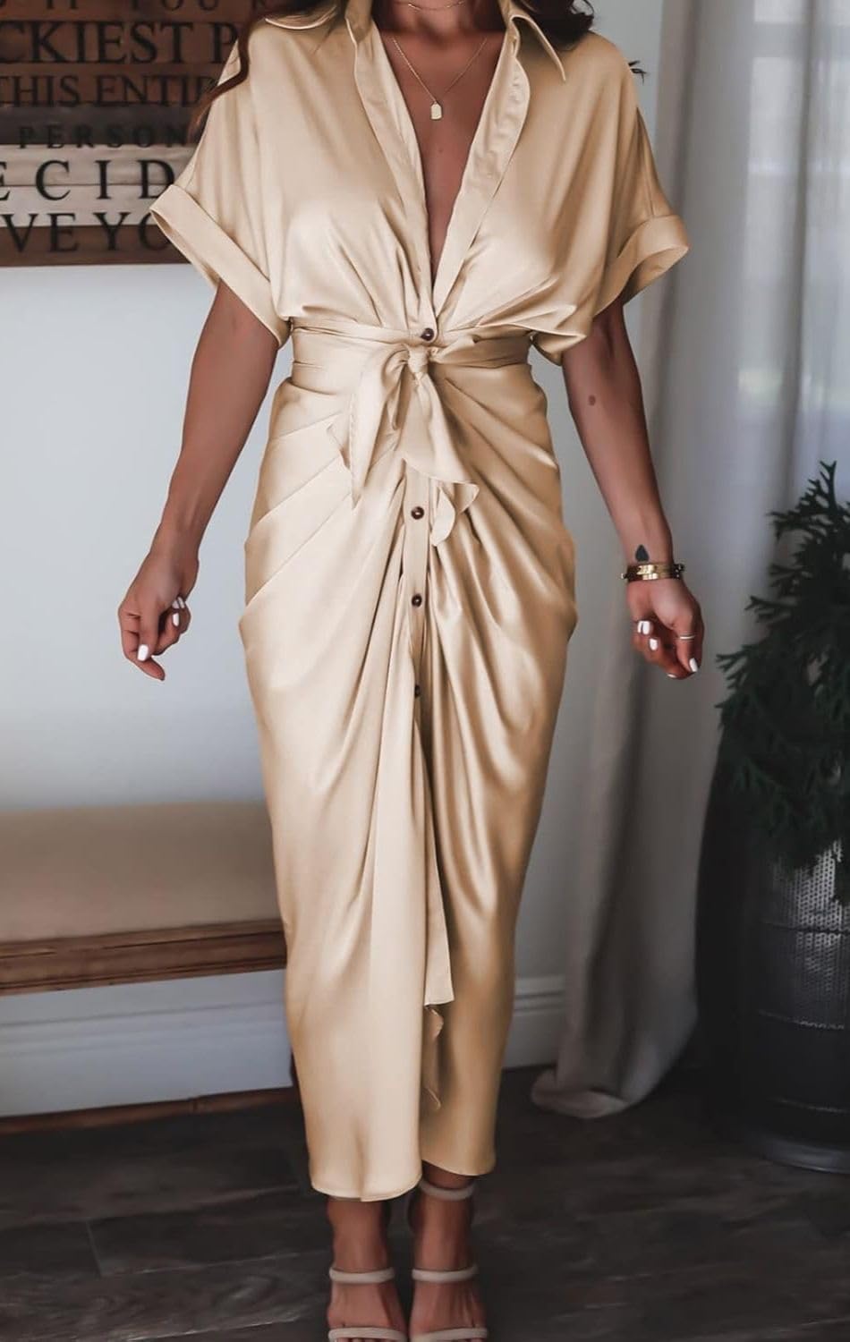 Women's Swing Classic Cute Maxi Ruched Breathable Shirt Dresses Bownot Slim Fitted Dress