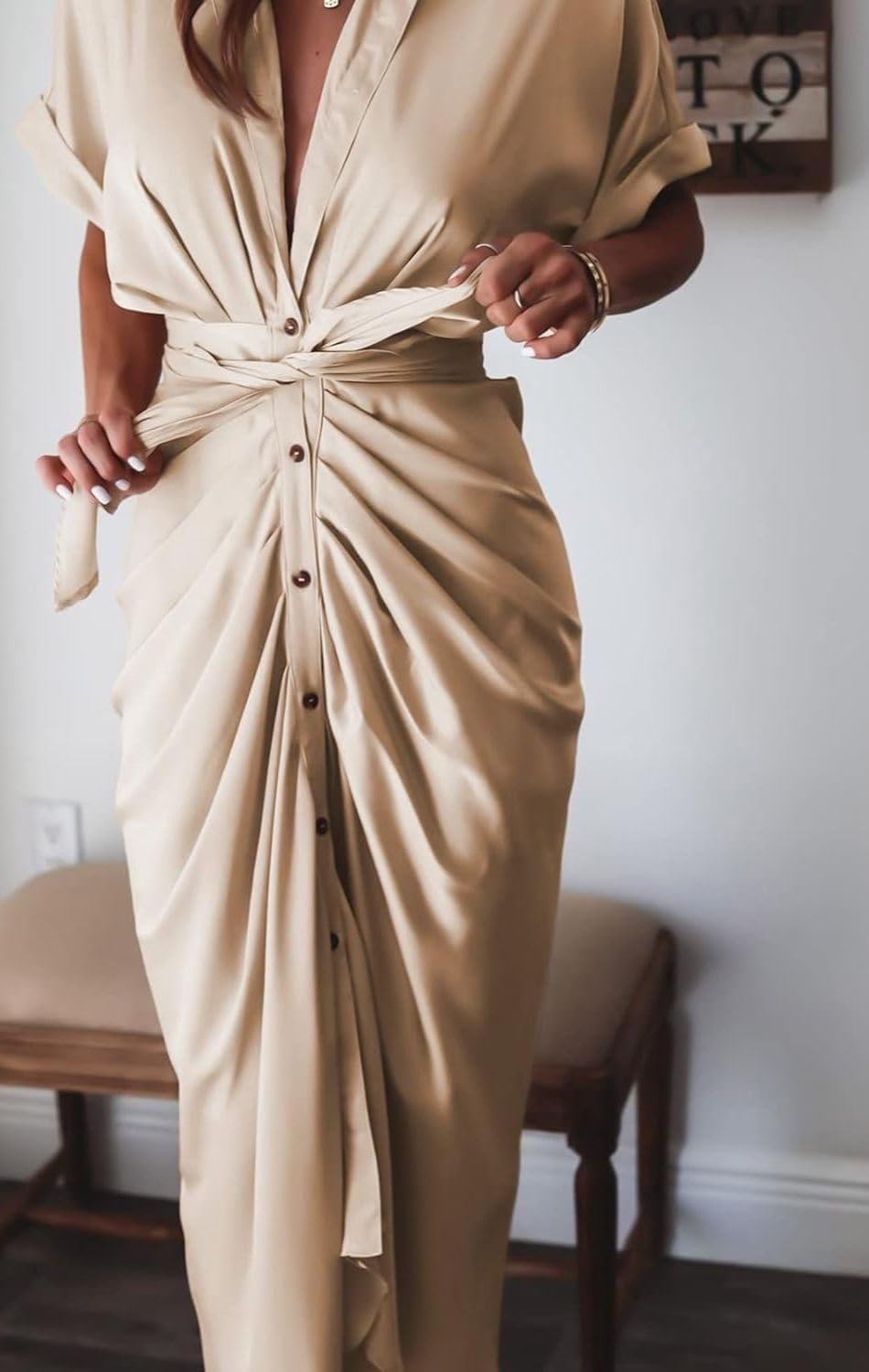 Women's Swing Classic Cute Maxi Ruched Breathable Shirt Dresses Bownot Slim Fitted Dress