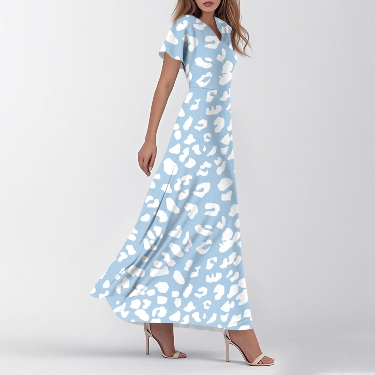 Womens Fashion V Neck Ruffle Short Sleeve Maxi Dress 2025 Summer Elegant Solid Color Flowy A Line Dresses