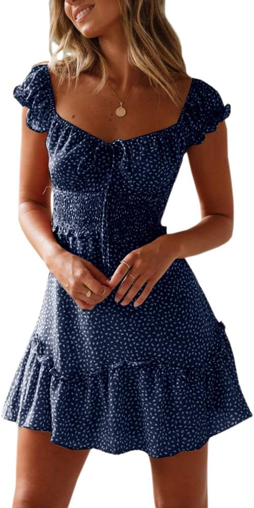 YOBECHO Women's Summer Ruffle Sleeve Sweetheart Neckline Printing Dress Mini Dress