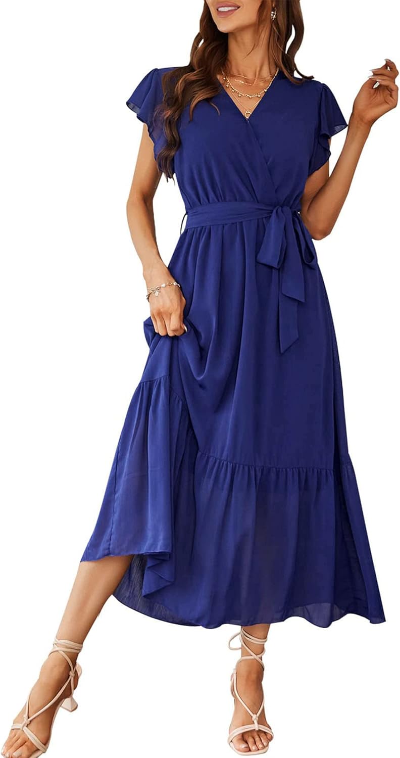PRETTYGARDEN Women's Summer Floral Boho Dress Wrap V Neck Short Sleeve Ruffle A-Line Flowy Maxi Wedding Guest Dresses