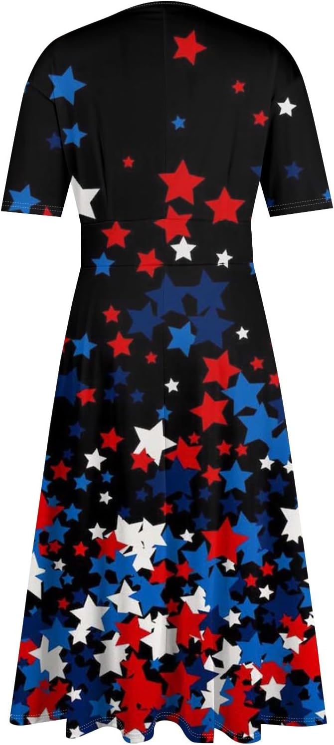 Women's Patriotic Star Print Midi Short Sleeve V-Neck Casual A-Line Dress for Summer Parties & Events