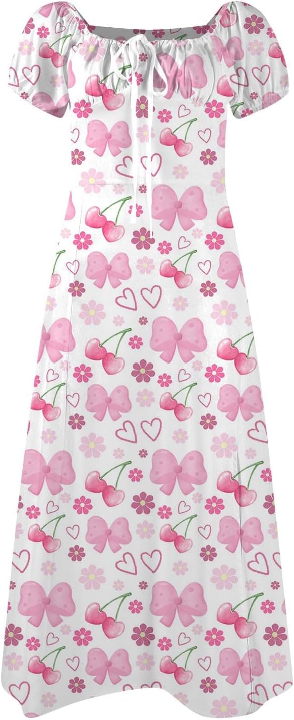 Women's Sundresses 2025 Summer Casual Loose Trendy Bubble Sleeve Square Neck Split Bow Floral Print Dress Plus Size, XS-3XL
