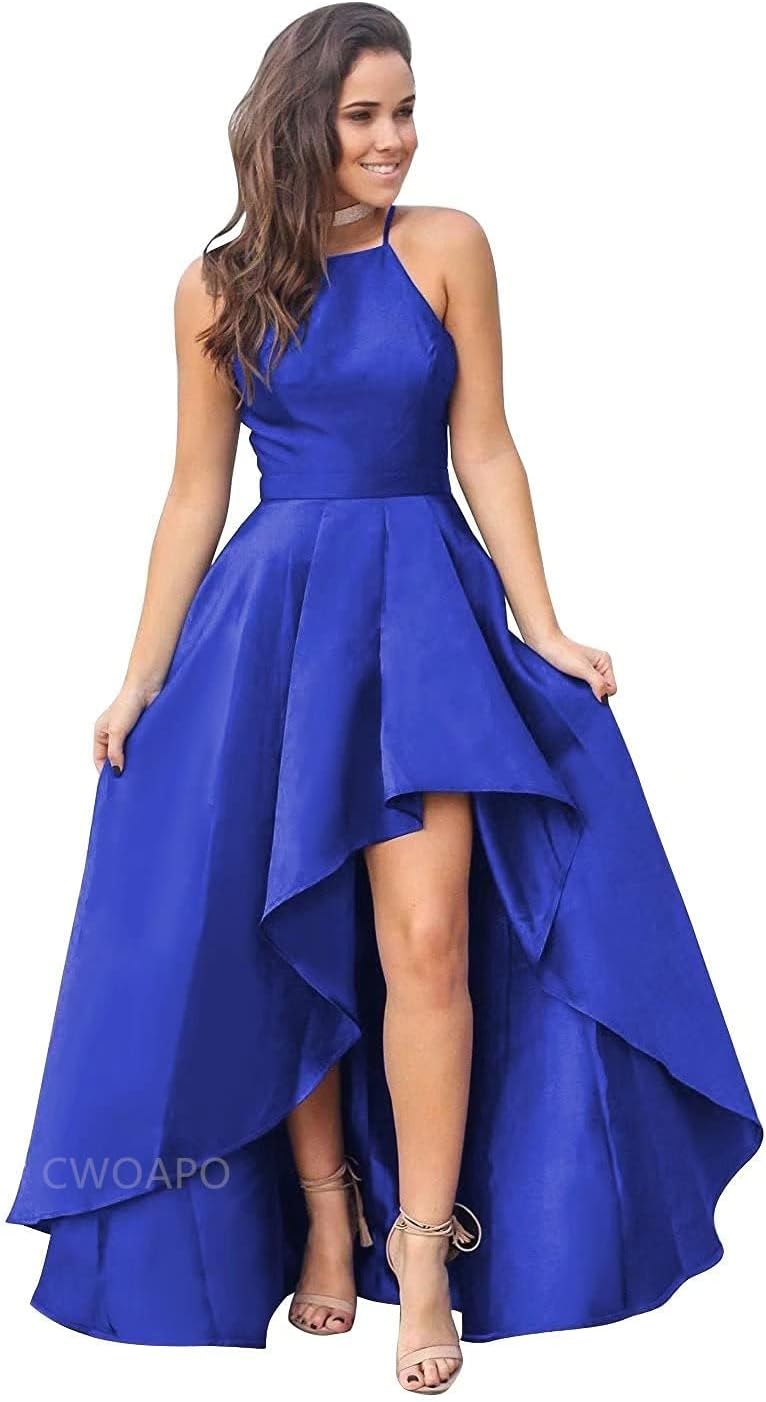 CWOAPO Halter High Low Bridesmaid Dress Evening Dress Satin Homecoming Dresses A Line Cocktail Gowns with Pockets