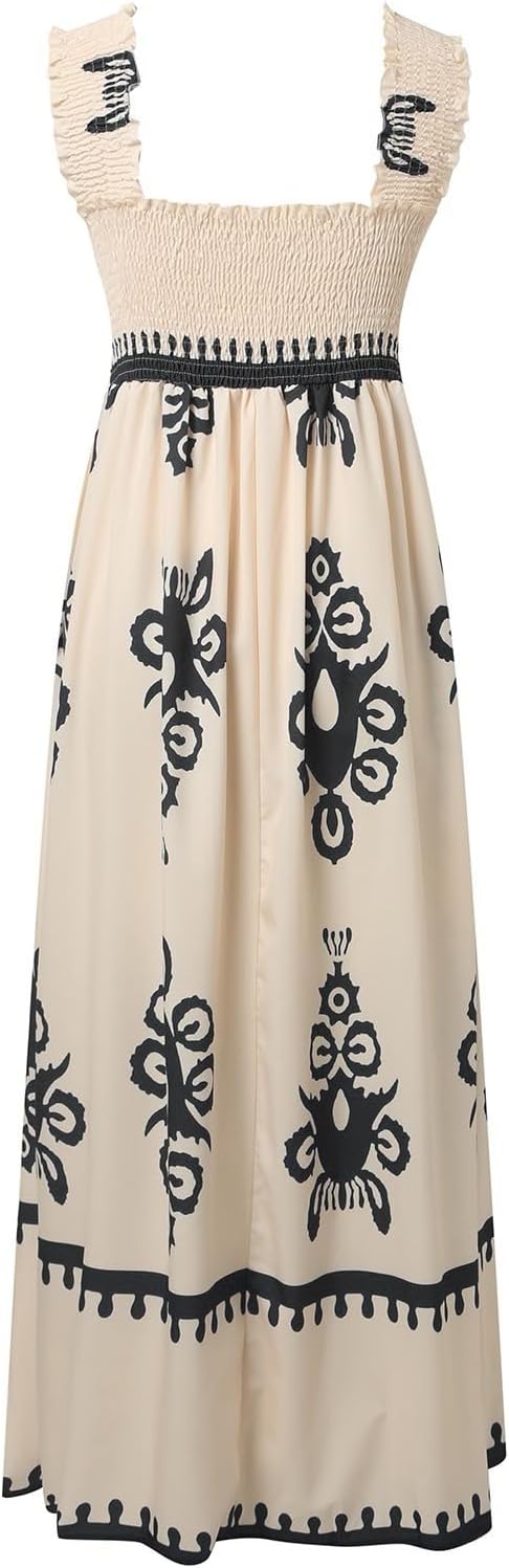 Women's Summer Dresses Sleeveless Casual Boho Maxi Long Dress Square Neck Smocked Floral Beach Vacation Sundresses 3