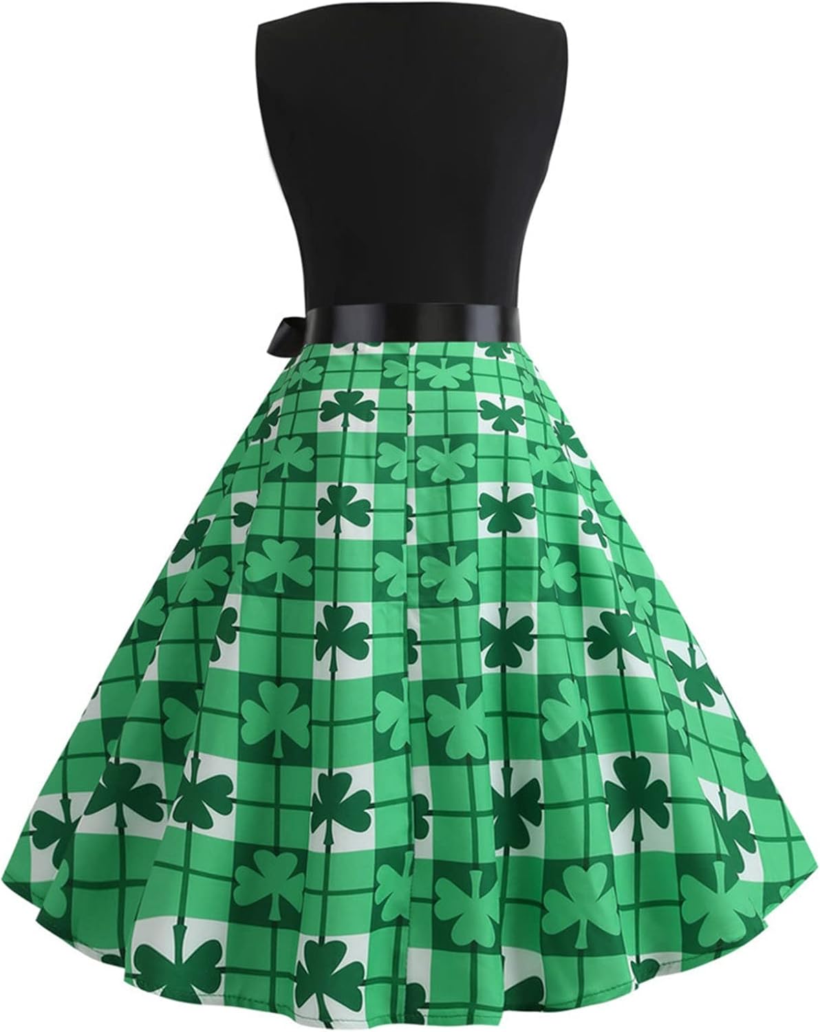 aihihe St Patricks Day Dress for Women A Line Pleated Hepburn Dress Lukcy Shamrock Print Irish Dress 2024 Vintage Dress