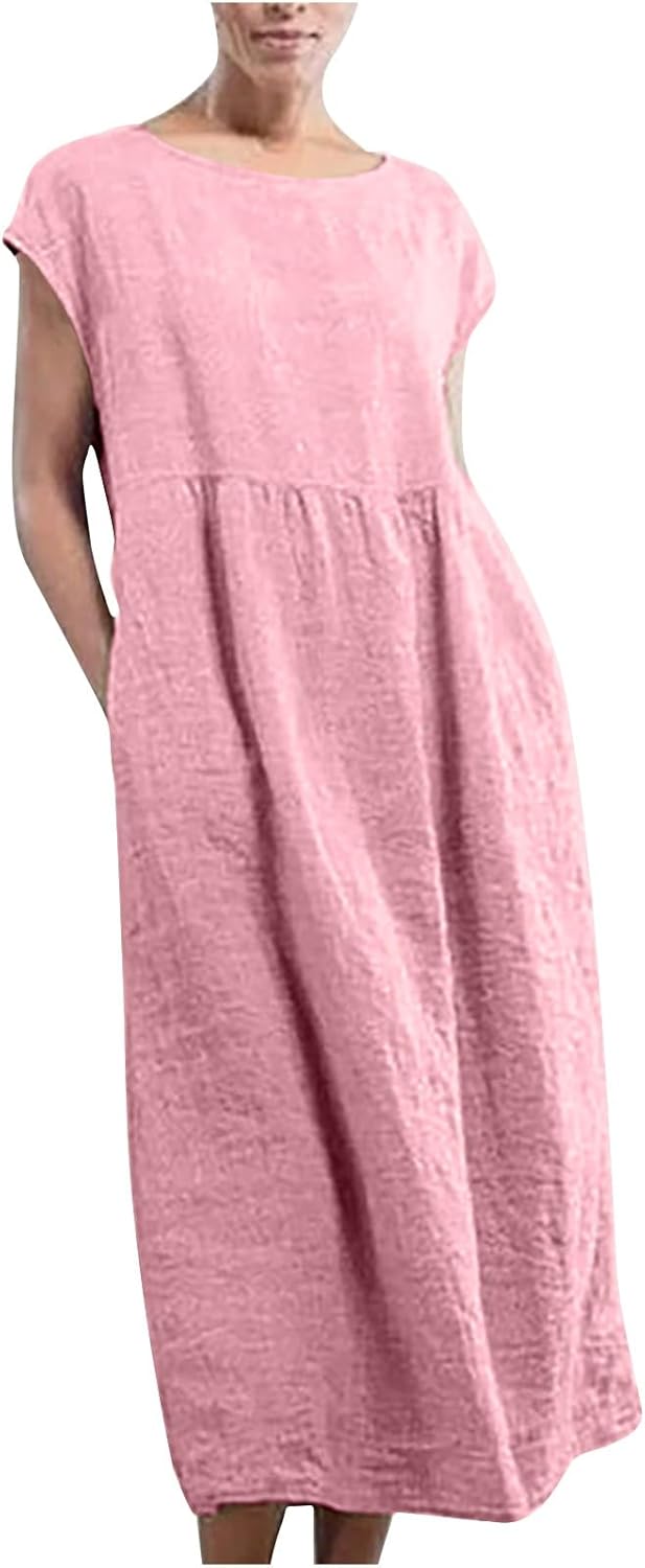 Linen Dresses for Women 2025 Summer Fashion Solid Color Sleeveless Dresses Beach Flowy Maxi Dresses Casual Sundress