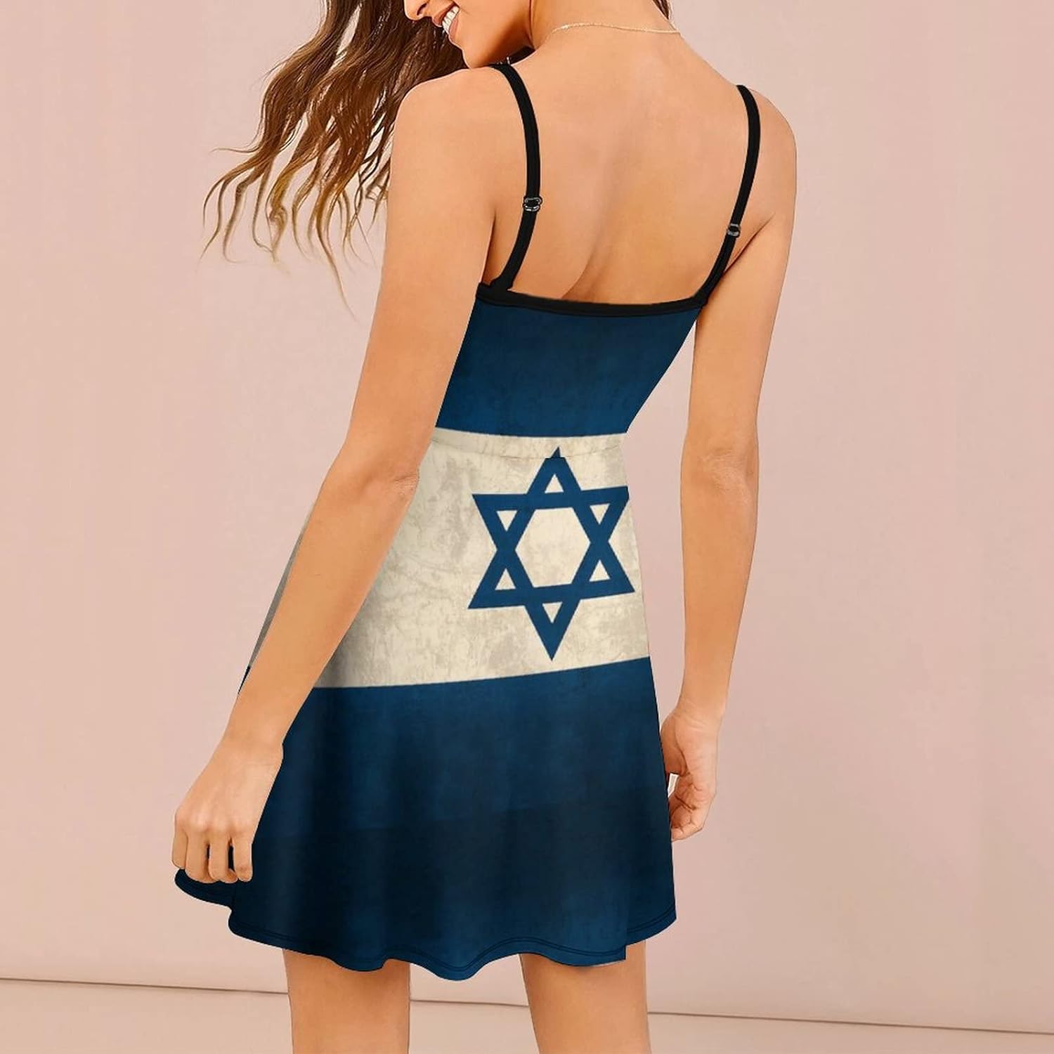 TUBIAZICOL Vintage Israel Flag Print Spaghetti Strap Mini Dress for Women Sexy Sleeveless Summer