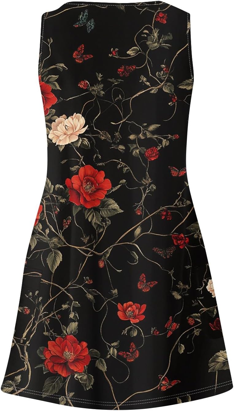 Women's Sleeveless Floral Print Summer Dress Casual V-Neck A-Line Mini Dress for Beach Party and Daily Wear