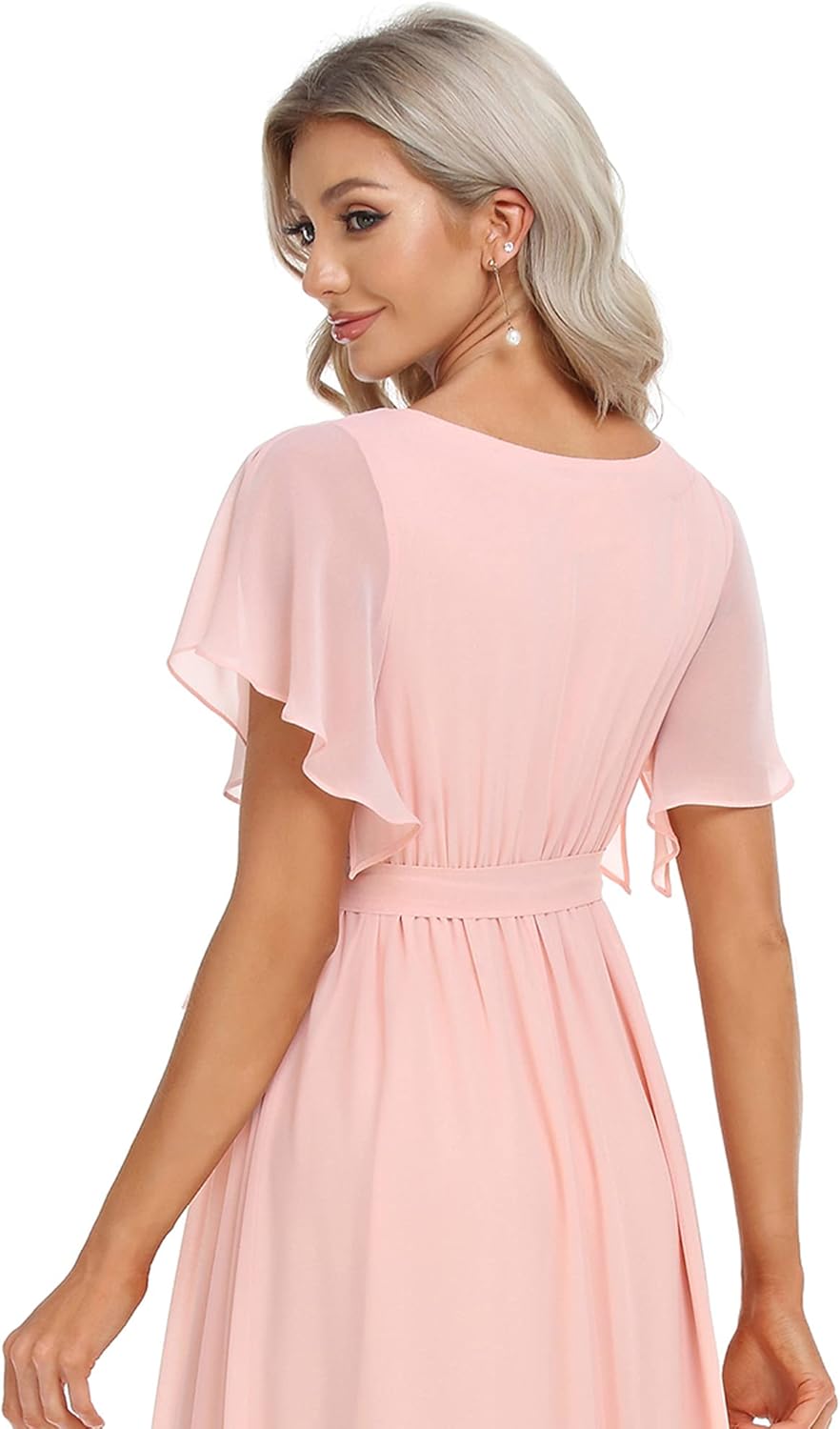 Ever-Pretty Women's Bridesmaid Dress V-Neck Ruffle Sleeves Ruched Bust Floor Length Chiffon Formal Dresses 0164A