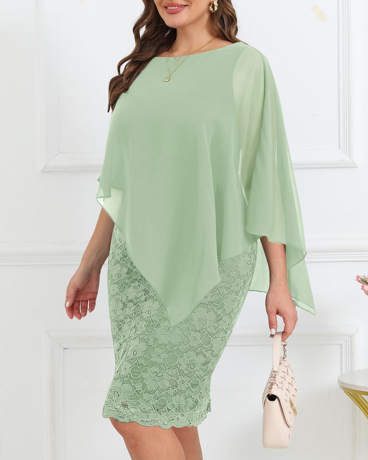 Plus Size Dresses Wedding Guest - Mother Bride Semi Formal Lace Cape with Chiffon Overlay Dresses