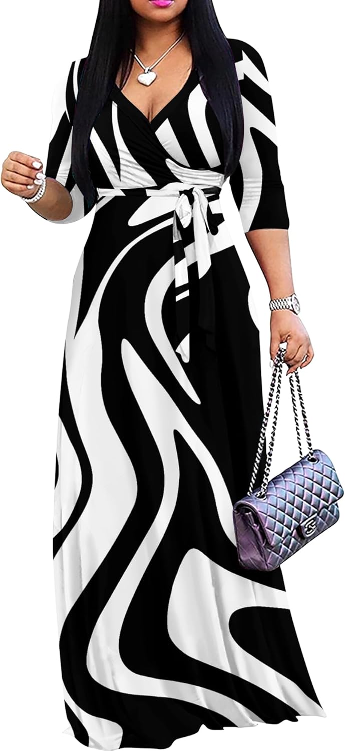 FANDEE Plus Size Maxi Dress for Women Casual Summer Sundress V-Neck 3/4 Sleeve