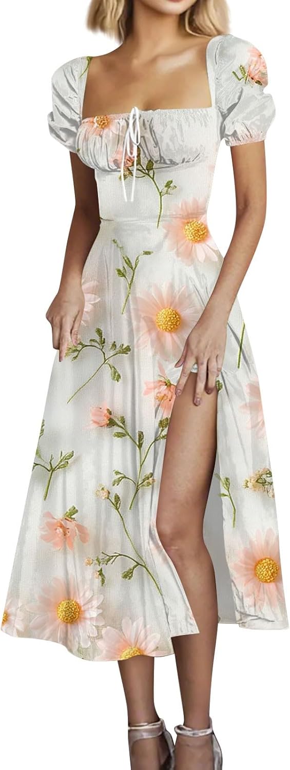 Women's Sundresses 2025 Summer Casual Loose Trendy Bubble Sleeve Square Neck Split Bow Floral Print Dress Plus Size, XS-3XL