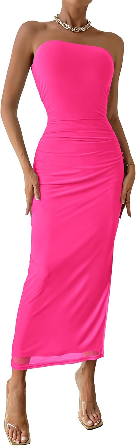 PRETTYGARDEN Women's Summer Maxi Bodycon Dresses Strapless Tube Top Printed Long Party Club Slit Dress