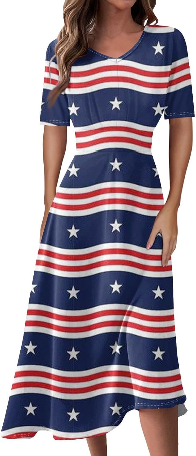 Women's Patriotic Star Print Midi Short Sleeve V-Neck Casual A-Line Dress for Summer Parties & Events