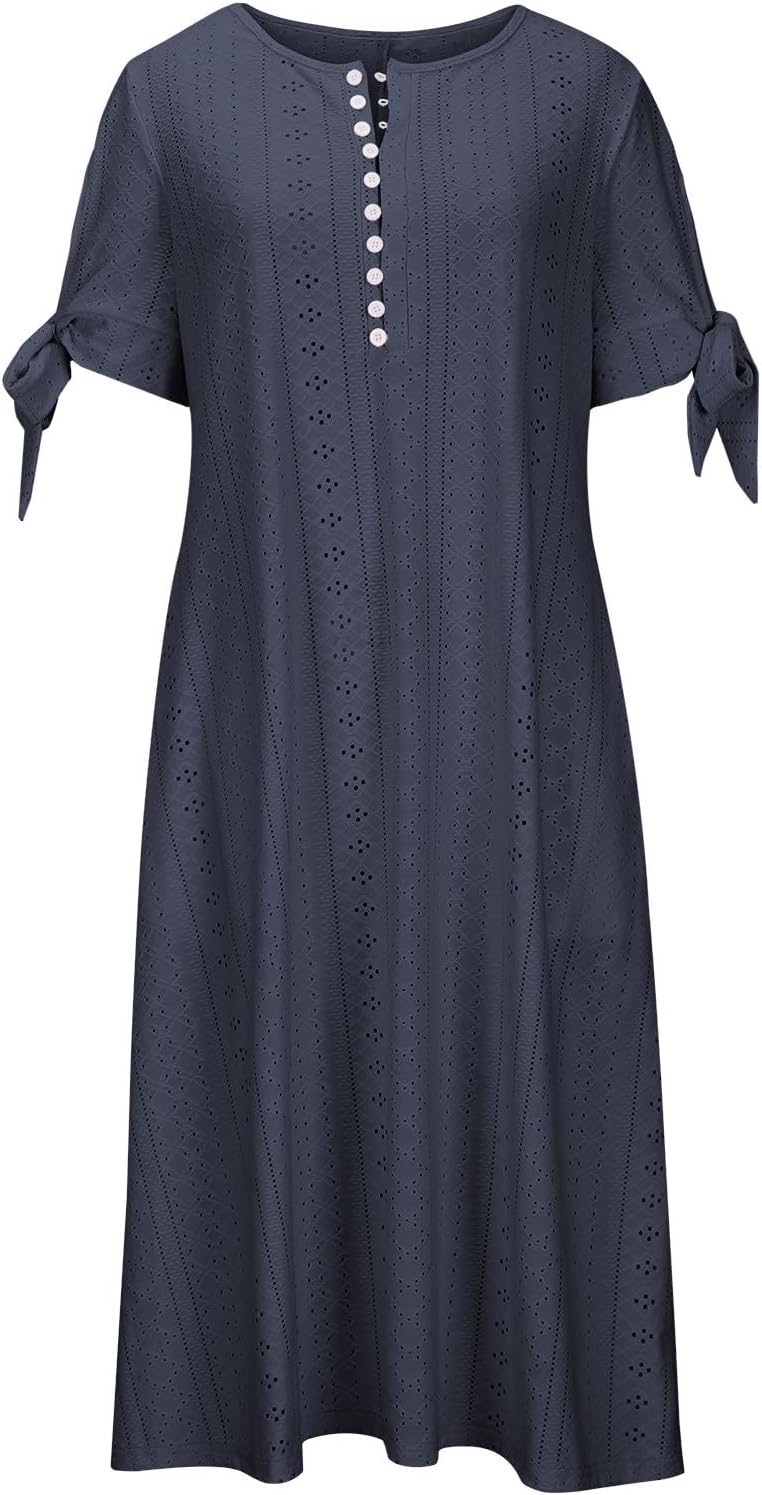 Boho Dresses for Women 2024 Fashion Summer Short Sleeve Eyelet Notch V Neck Sundress Beach Casual Maxi Long Dress