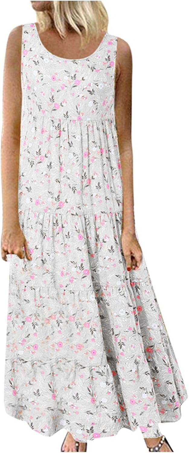 Ceboyel Women Boho Floral Maxi Dresses Flowy Tank Dress Sleeveless Smocked Sundresses Trendy Casual Beach Long Sun Dress