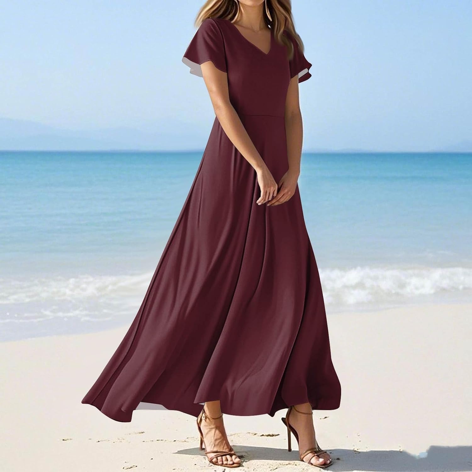 Womens Fashion V Neck Ruffle Short Sleeve Maxi Dress 2025 Summer Elegant Solid Color Flowy A Line Dresses