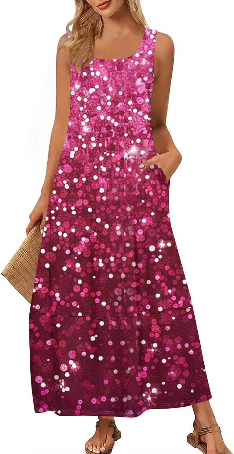 Womens Summer Tank Dress Vacation Boho Floral Long Dresses with Pockets Resort Wear Swing Beach Sleeveless Sundress