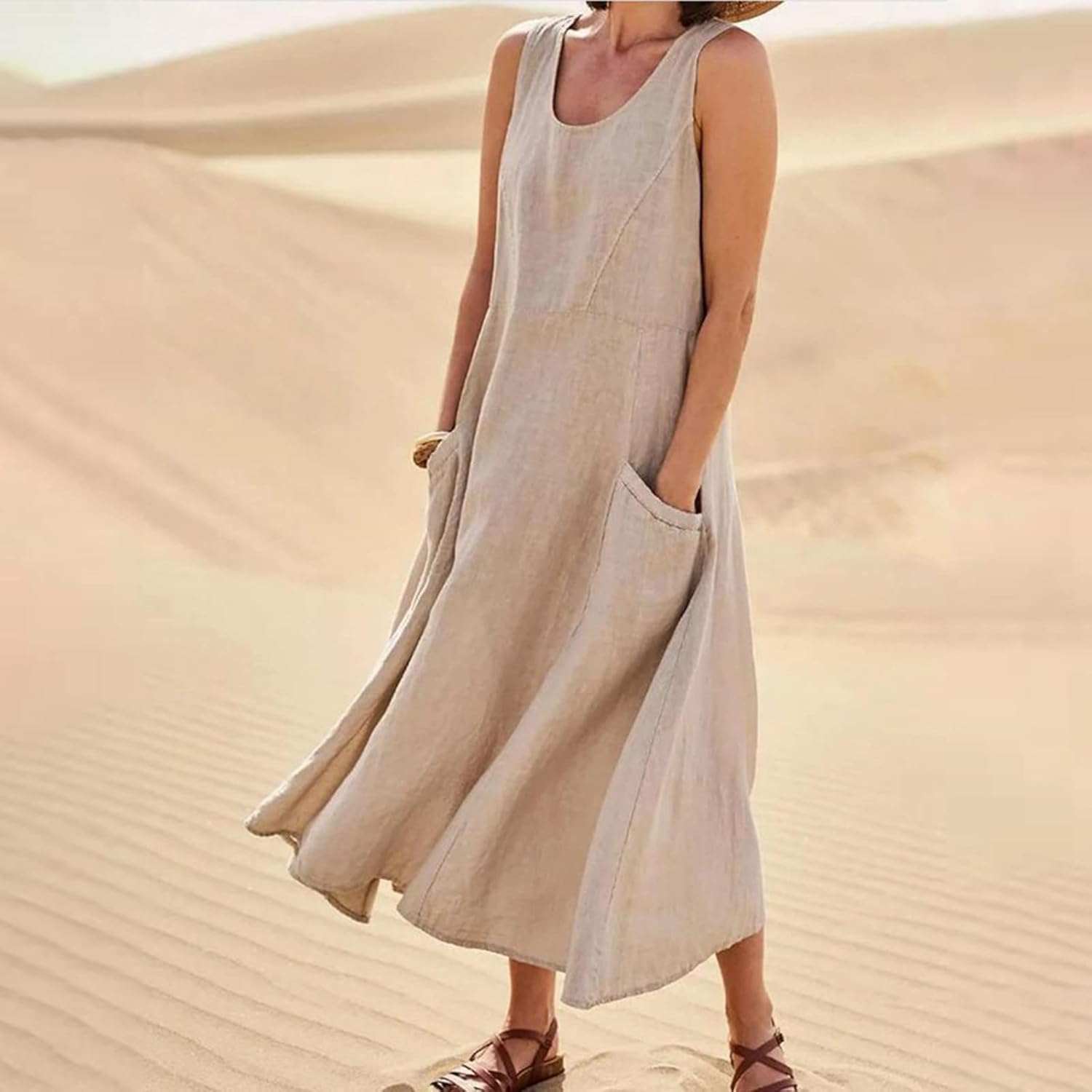 Women's Casual Sleeveless Dresses, Cotton Linen Pocket Dresses Summer Dresses for Women 2024 Sundresses Beach Dress