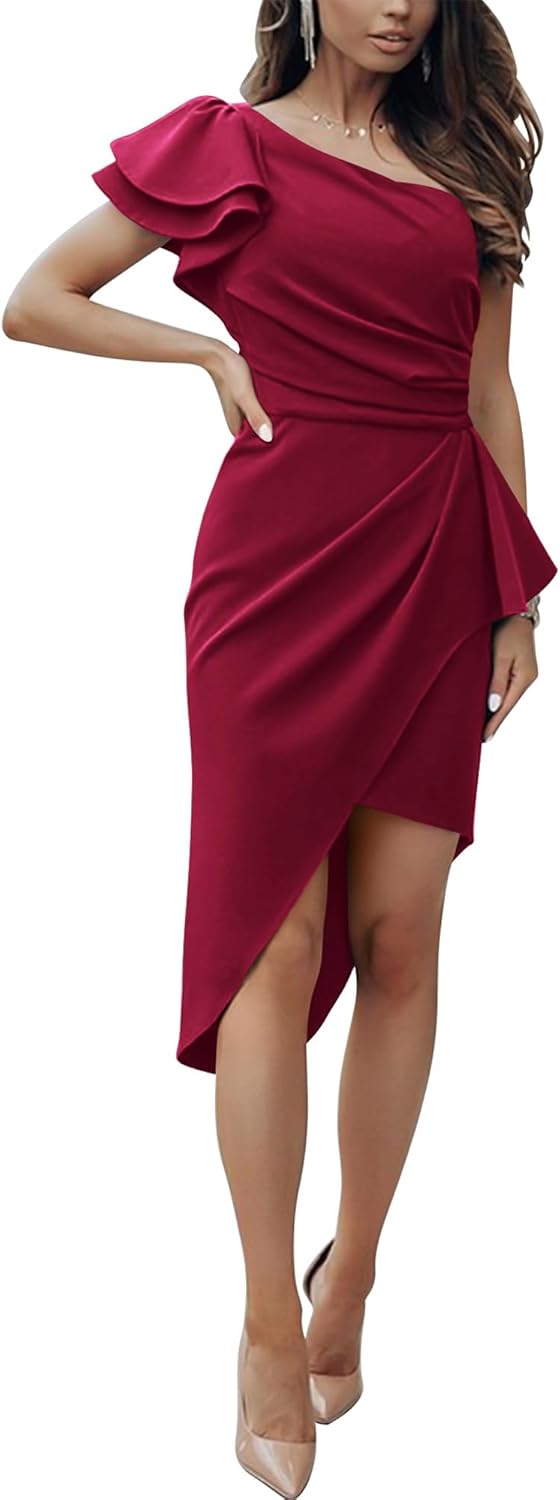 BTFBM Women 2025 Summer Fashion Elegant One Shoulder Cocktail Dress Ruffle Sleeve Wrap Ruched Bodycon Short Party Dresses