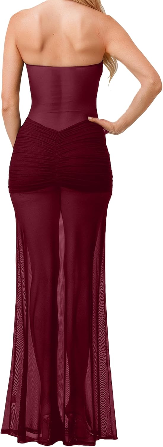 Women’s See Through Mesh Maxi Dress Sweatheart Neck Patchwork Slim Fit Night Out Seaside Long Dresses