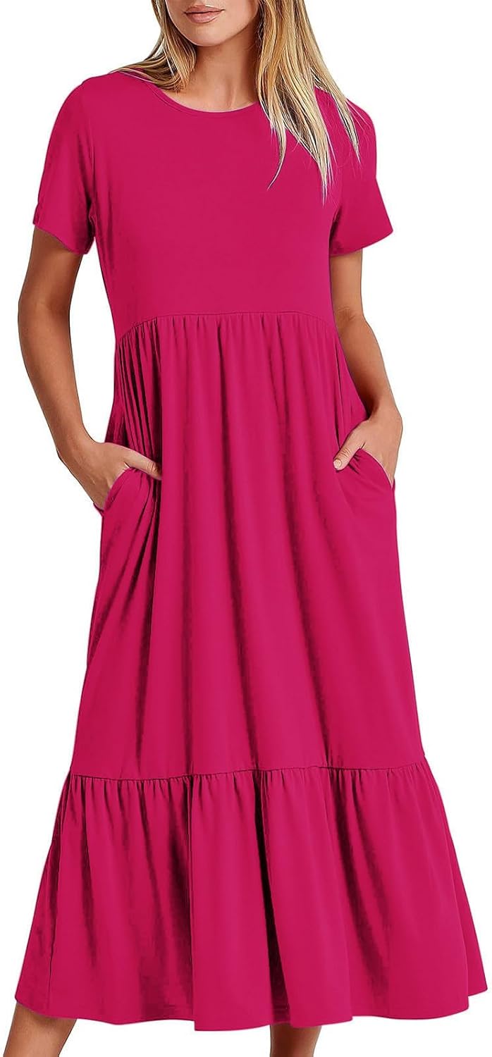 XUNRYAN Summer Dresses for Women 2024 Casual Calf Length Maxi Dress Pleated Flowy Tiered Swing Beach Sundress with Pockets