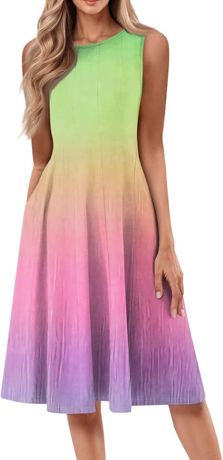 Womens Tank Sundress 2025 Casual Floral Print Tshirt Dress Swing Sleeveless Midi Dress Crewneck Pleated Summer Dresses