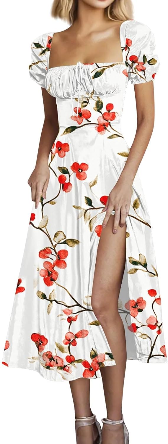 Women's Sundresses 2025 Summer Casual Loose Trendy Bubble Sleeve Square Neck Split Bow Floral Print Dress Plus Size, XS-3XL